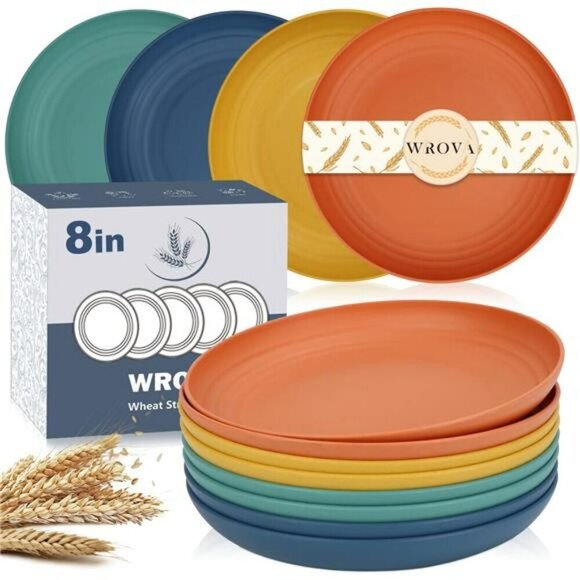 Unbreakable Wheat Straw Plates Set of 8 Microwave Dishwasher Safe Reusable - Picture 1 of 7